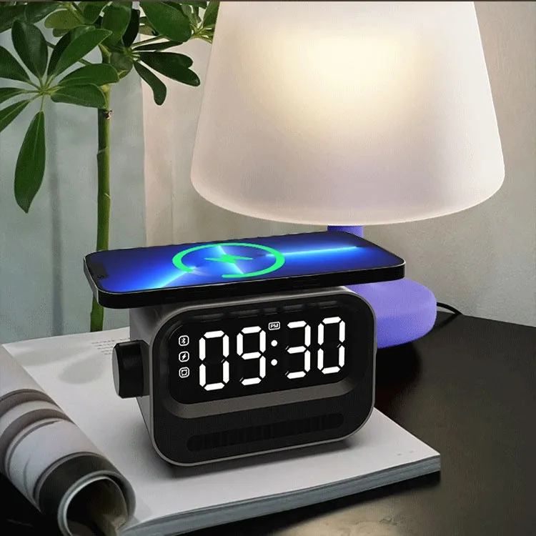 15W 3-In-1 Ambient Light Digital Display Clock Bluetooth Speaker Magnetic Wireless Charger(Black)