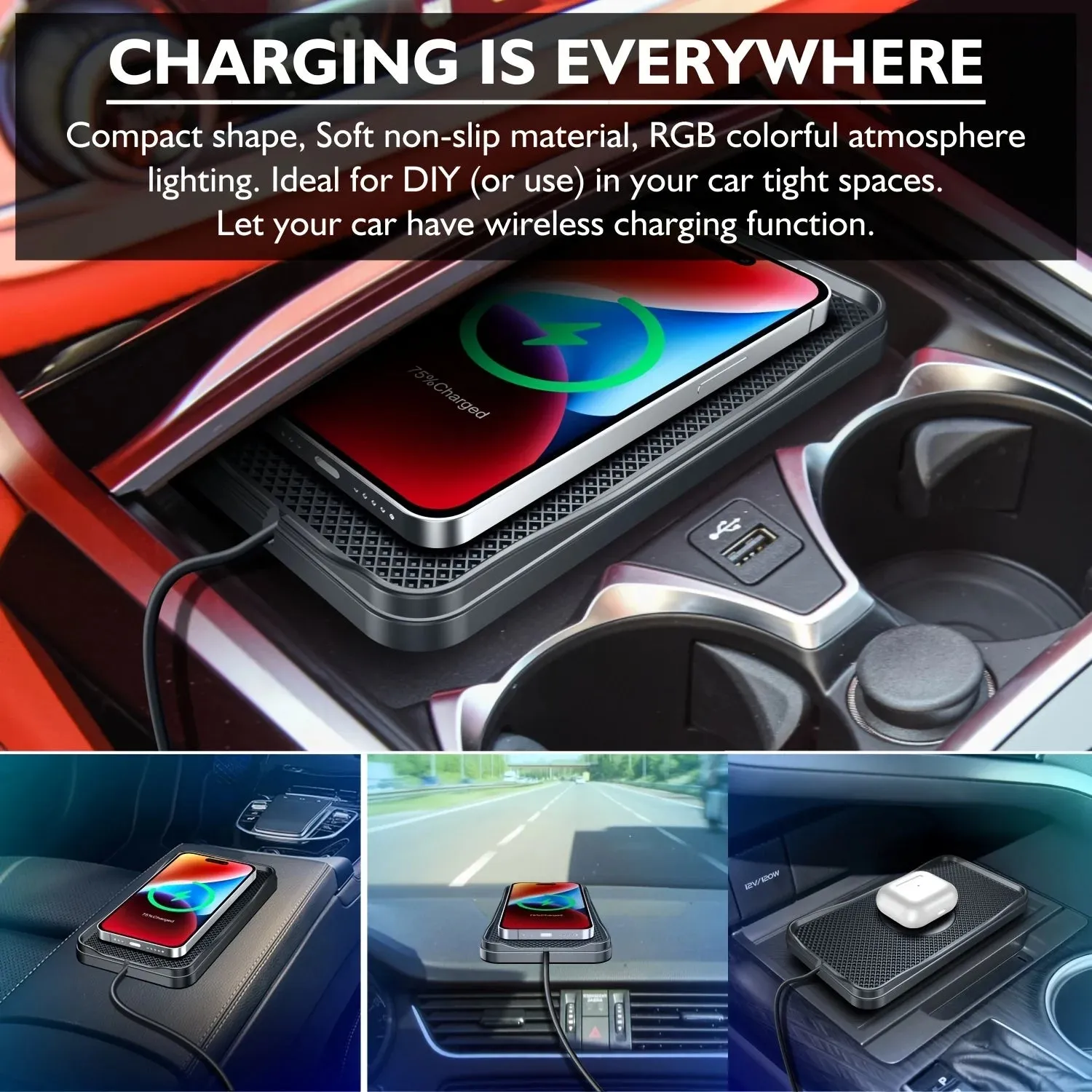 15W Car Wireless Charging Pad & Stand with Type-C Connector