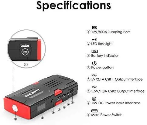 18000mAh 12V Portable Car Jump Starter with Smart Jumper Cables, Auto Battery Booster Power Pack.