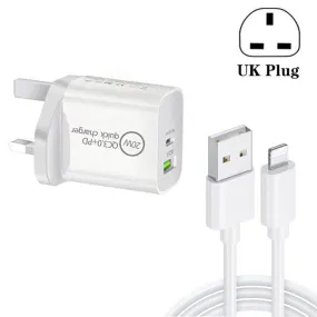 20W Dual Fast Charger with PD 3.0 & QC 3.0, UK Plug, Includes 1m Micro USB to 8 Pin Cable