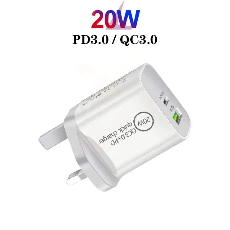 20W Dual Fast Charger with PD 3.0 & QC 3.0, UK Plug, Includes 1m Micro USB to 8 Pin Cable