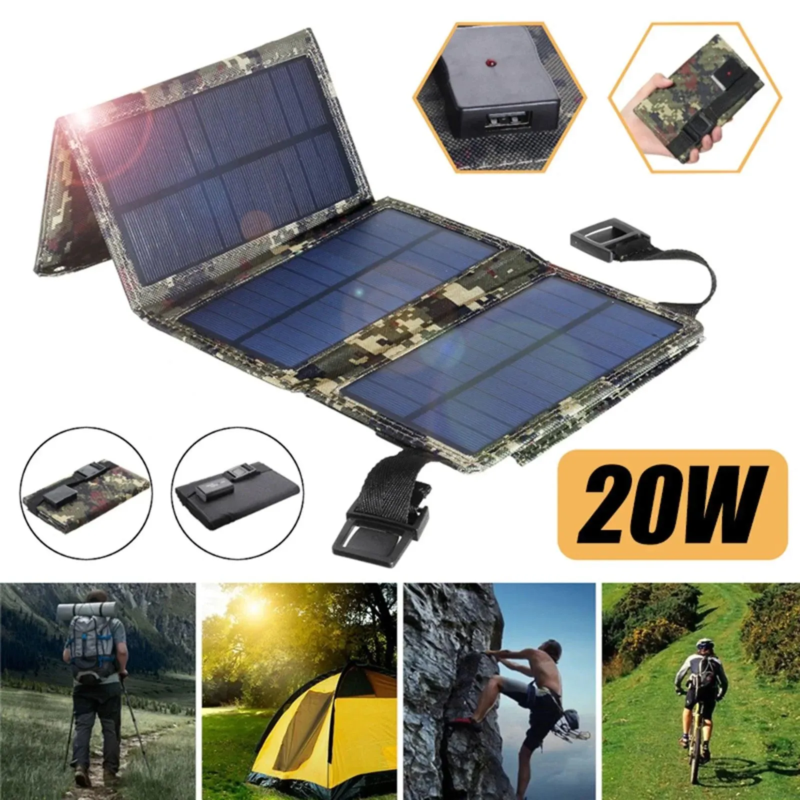 20W Foldable Solar Power Bank with USB Charger and Integrated Compass for Outdoor Adventures