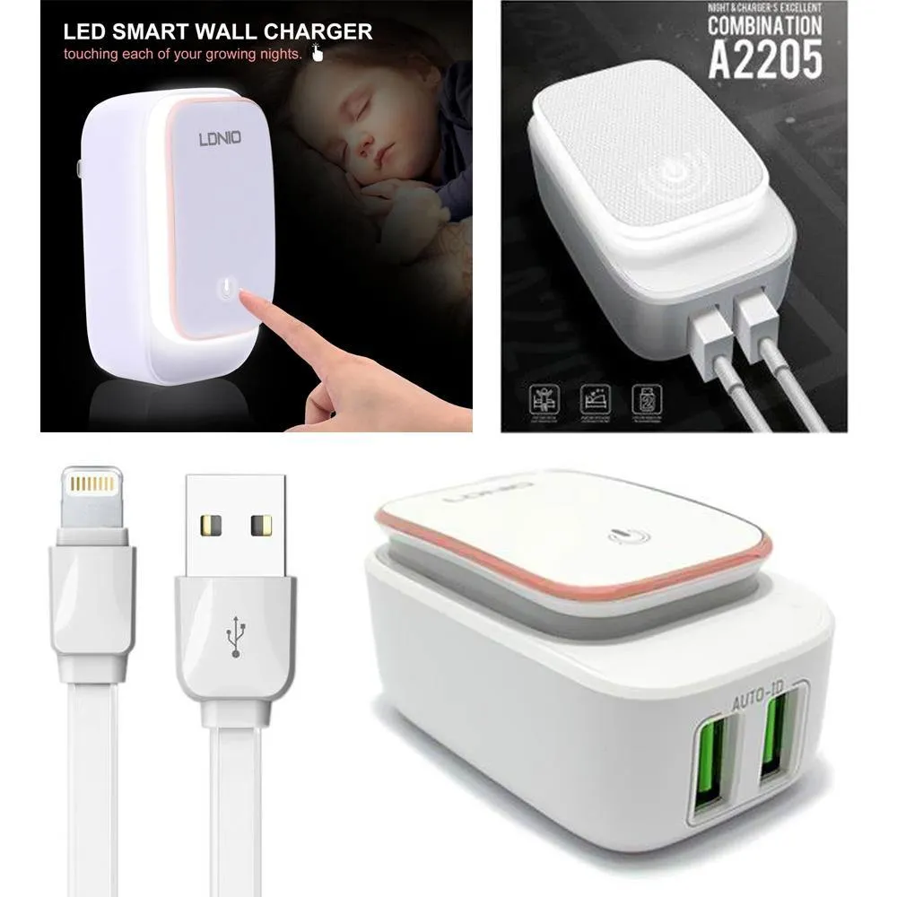 2.4A 2-in-1 Universal Dual USB Port LED Power Touch Night Lamp Travel Wall Charger Adapter W. Lightning Cable by Modes