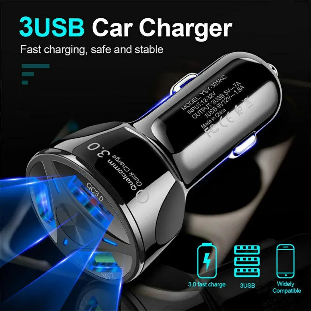 3 Port Fast LED White Car Charger   3 in 1 Cable Combo Blue