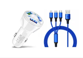 3 Port Fast LED White Car Charger   3 in 1 Cable Combo Blue