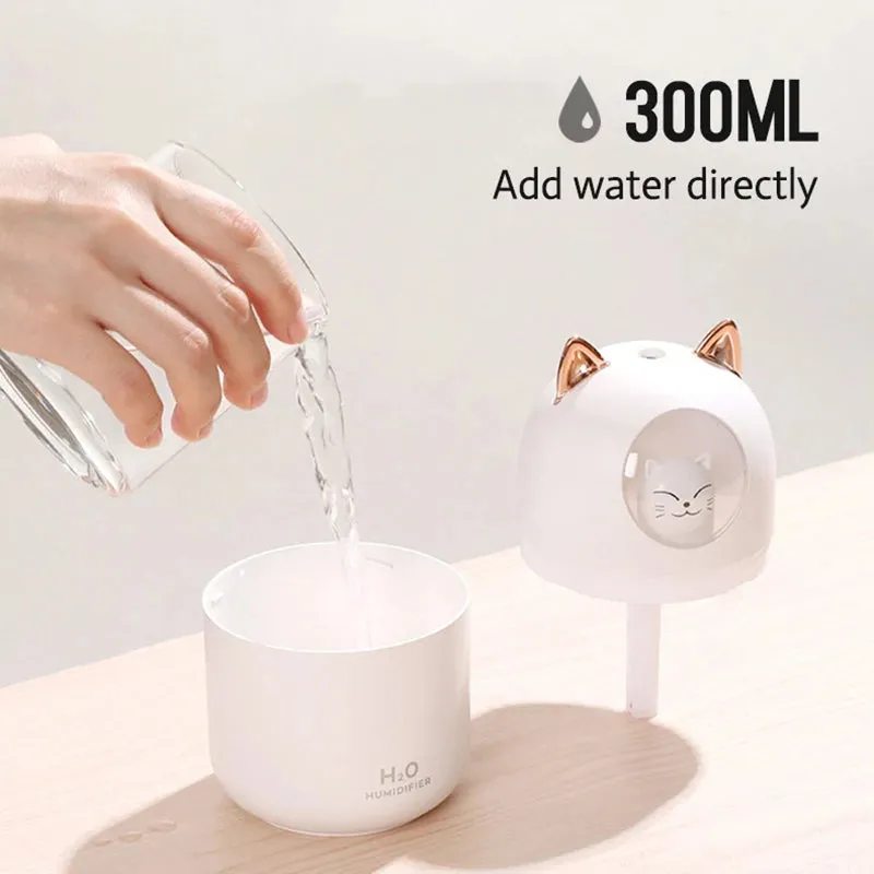 300ML  Air Humidifier Cute Cat Ultra-Silent USB Office Household Bedroom Car Aromatherapy Air Purifier with Led Cool Mist Spray