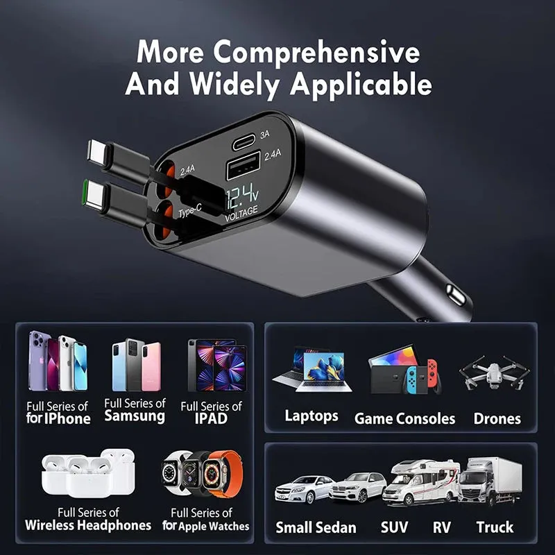 4 in 1 Retractable Fast Car Phone Charger 120W (Type-C, iOS, USB-C & USB interface)