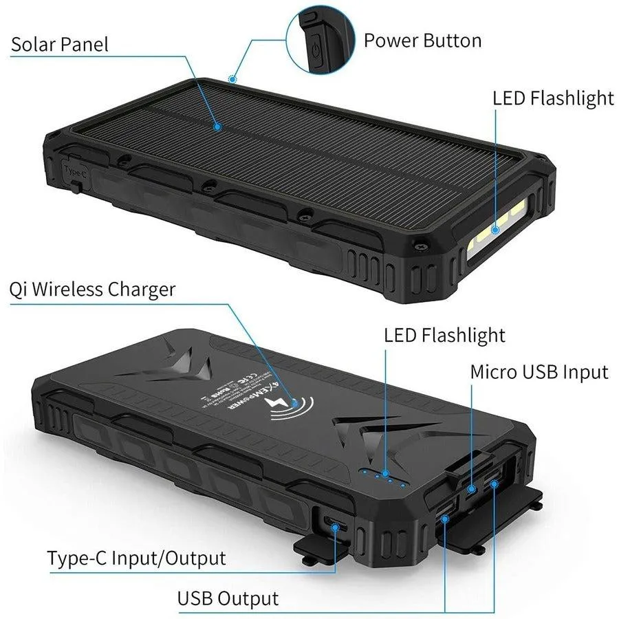 4XEM 20,000 maH Mobile Solar Power Bank and Charger (Black) 4XSOLARPWRBK