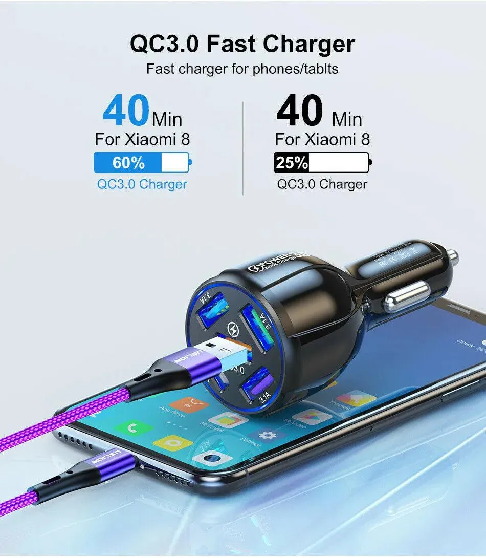 5 Port LED Fast Car Charger   3 in 1 Cable Combo