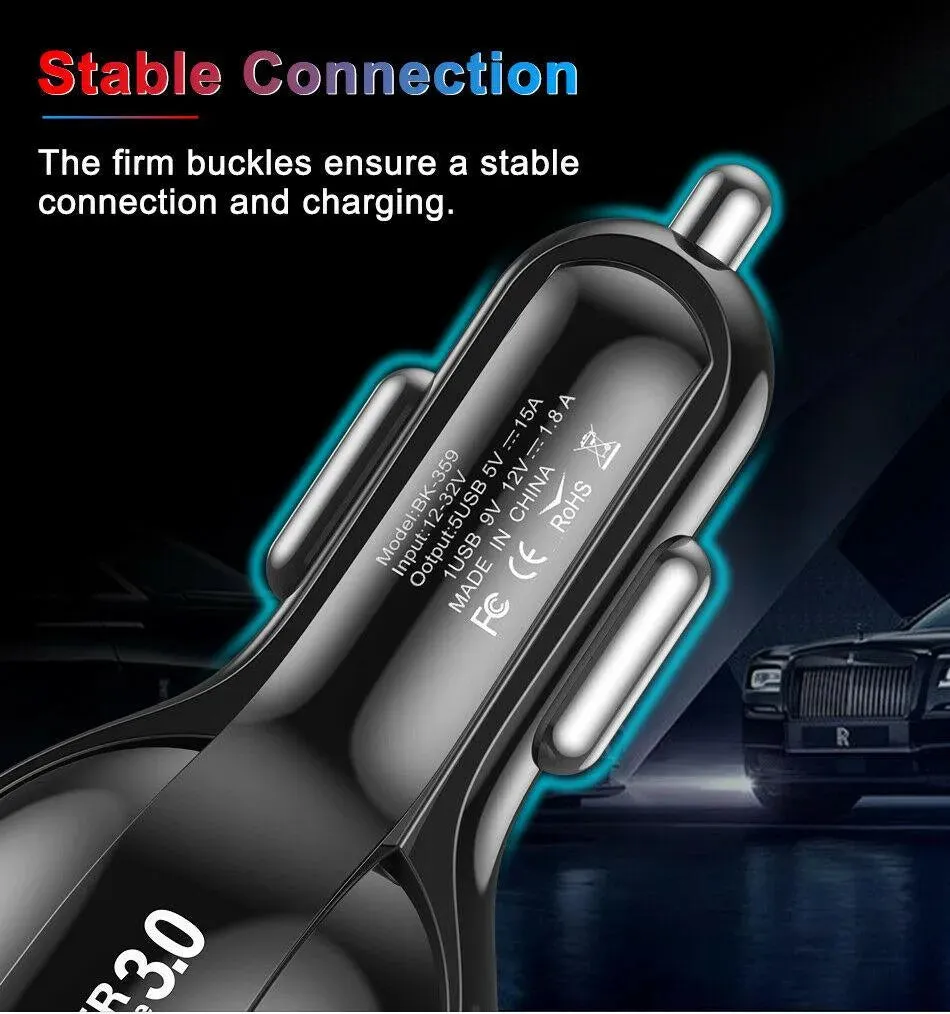 5 Port LED Fast Car Charger   3 in 1 Cable Combo