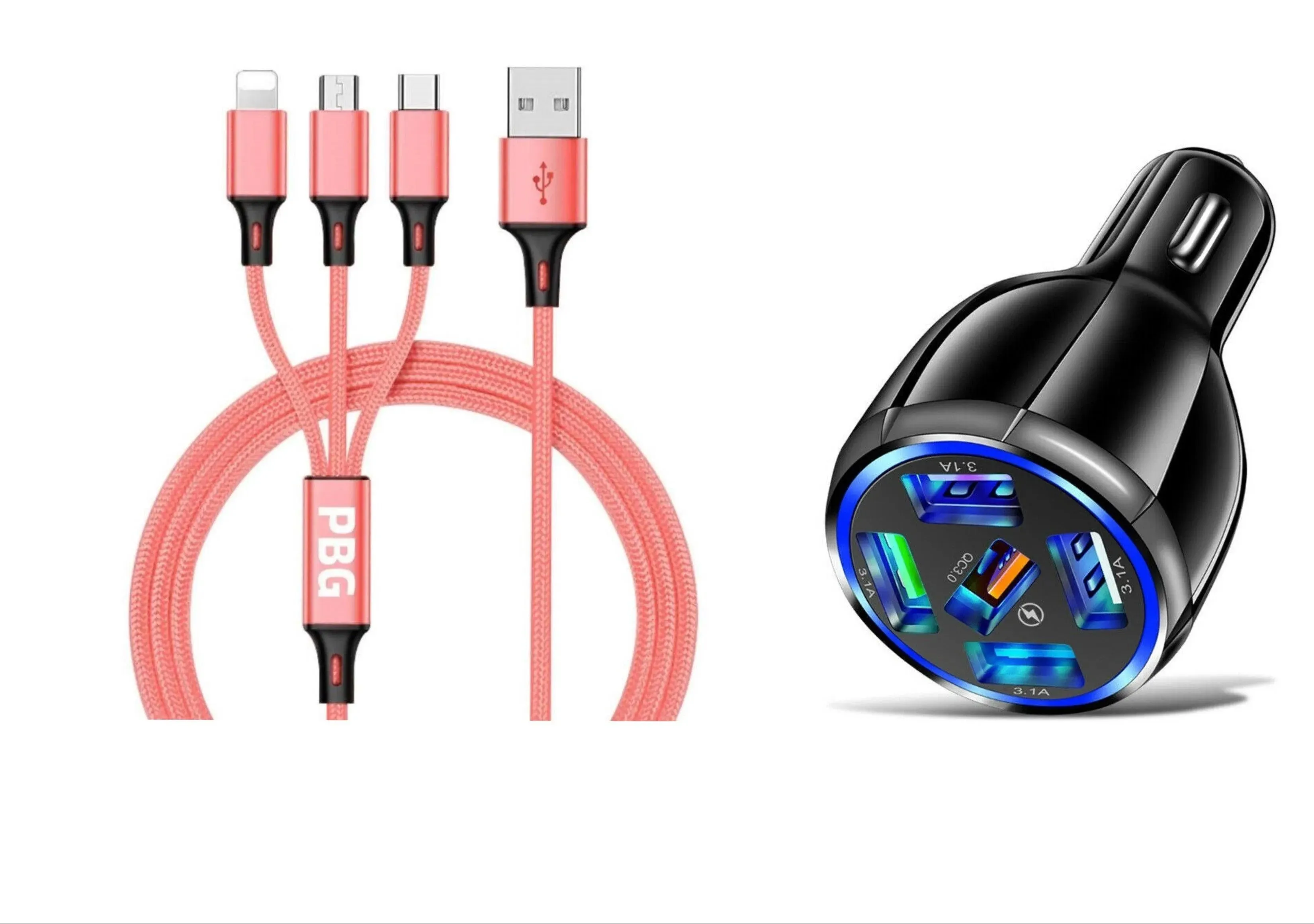 5 Port LED Fast Car Charger   3 in 1 Cable Combo