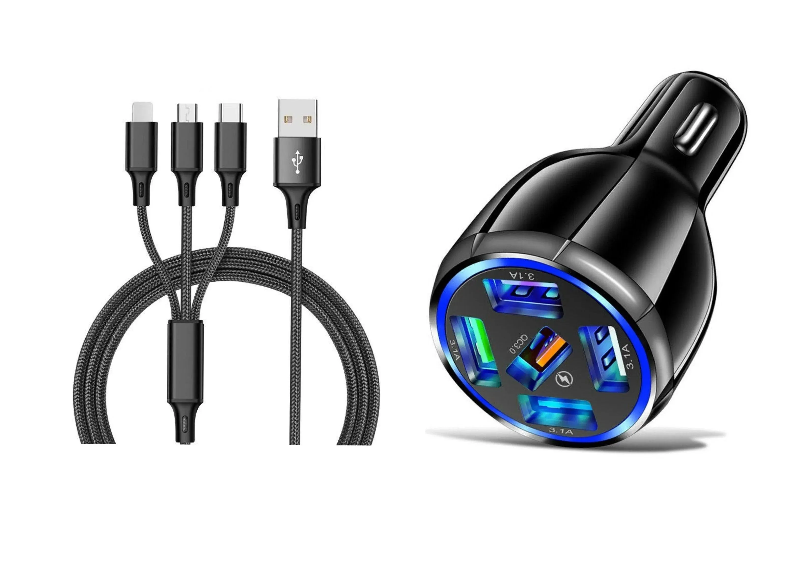 5 Port LED Fast Car Charger   3 in 1 Cable Combo