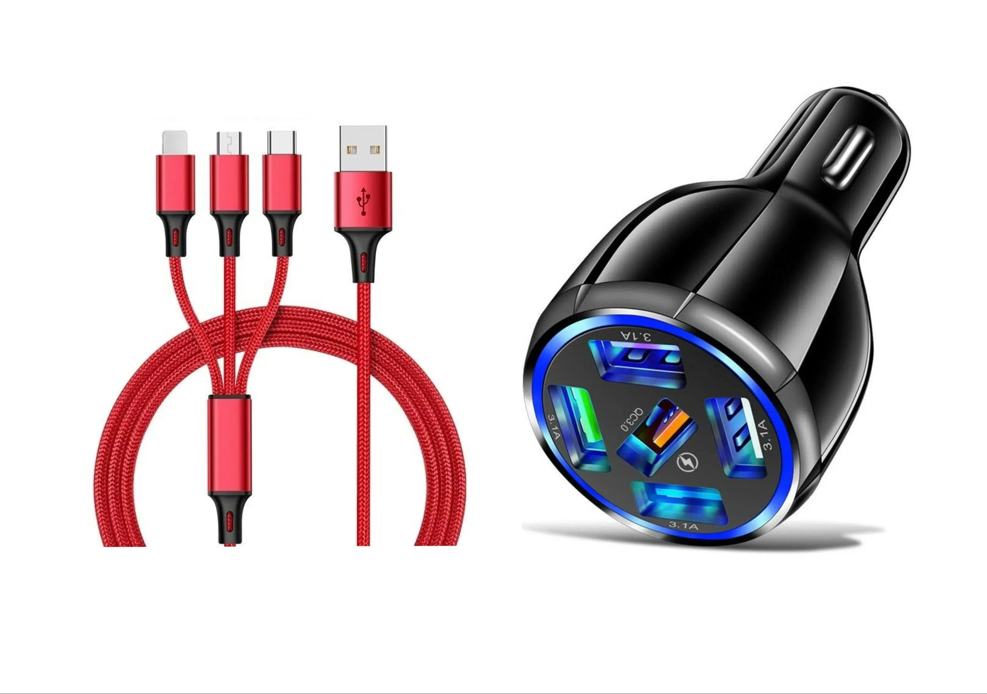 5 Port LED Fast Car Charger   3 in 1 Cable Combo