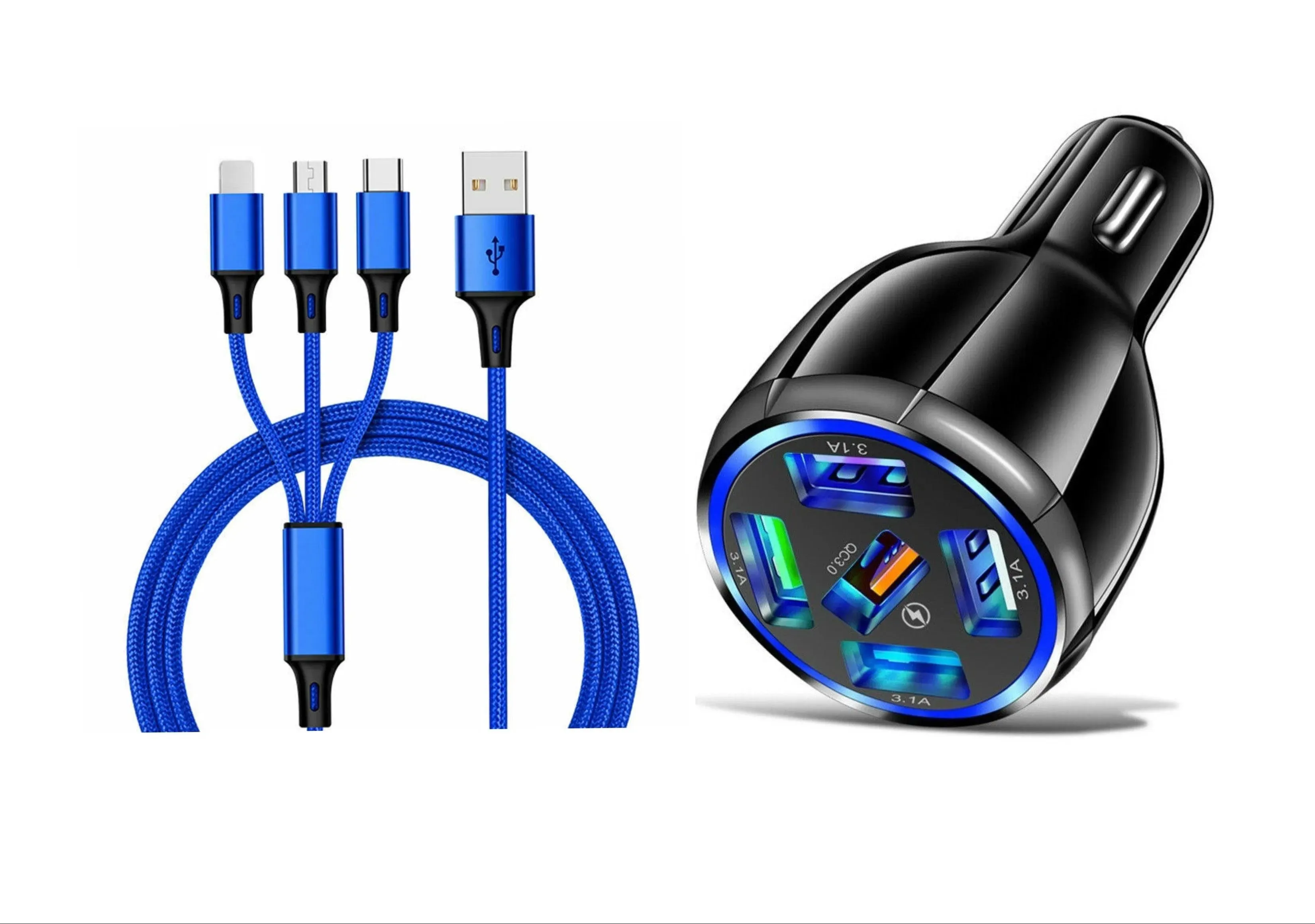 5 Port LED Fast Car Charger   3 in 1 Cable Combo