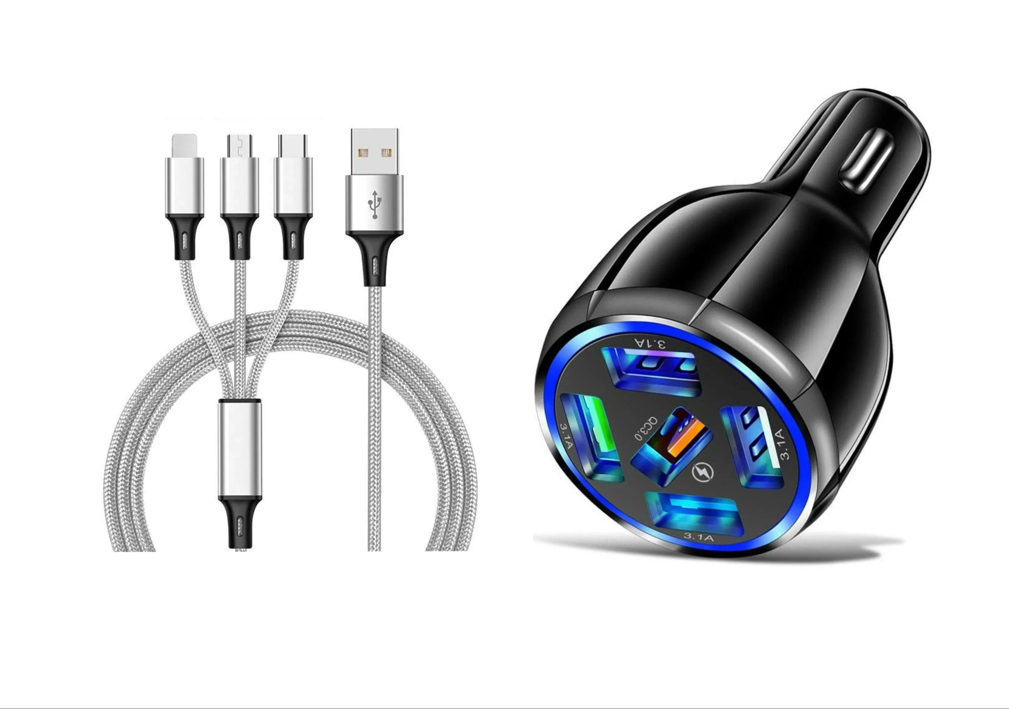 5 Port LED Fast Car Charger   3 in 1 Cable Combo