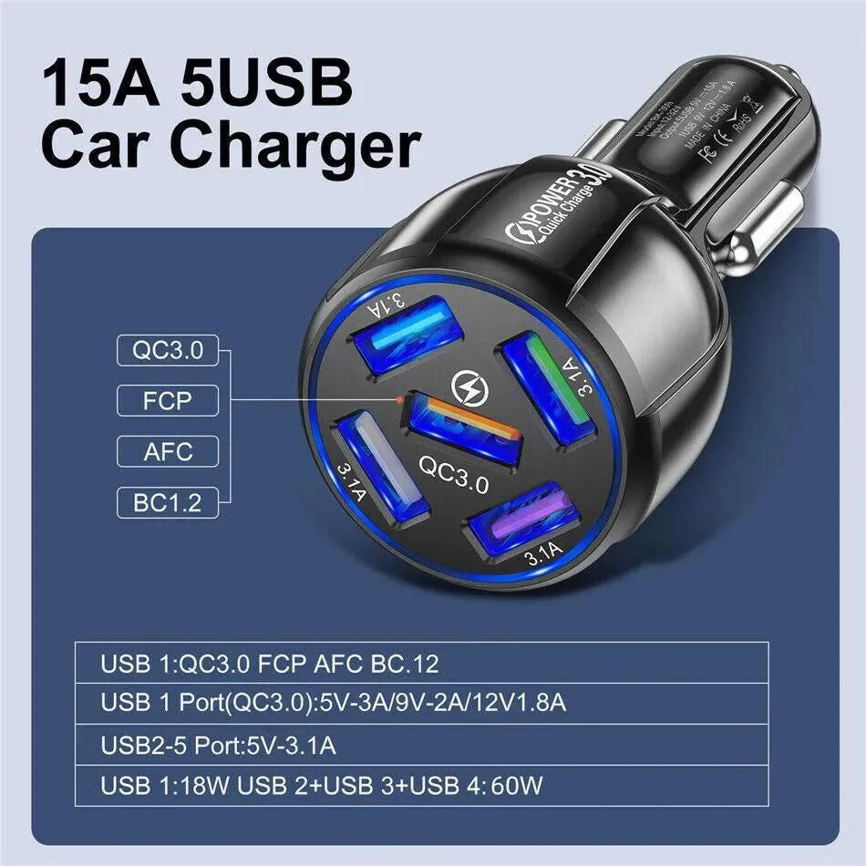 5 Port LED Fast Car Charger   3 in 1 Cable Combo