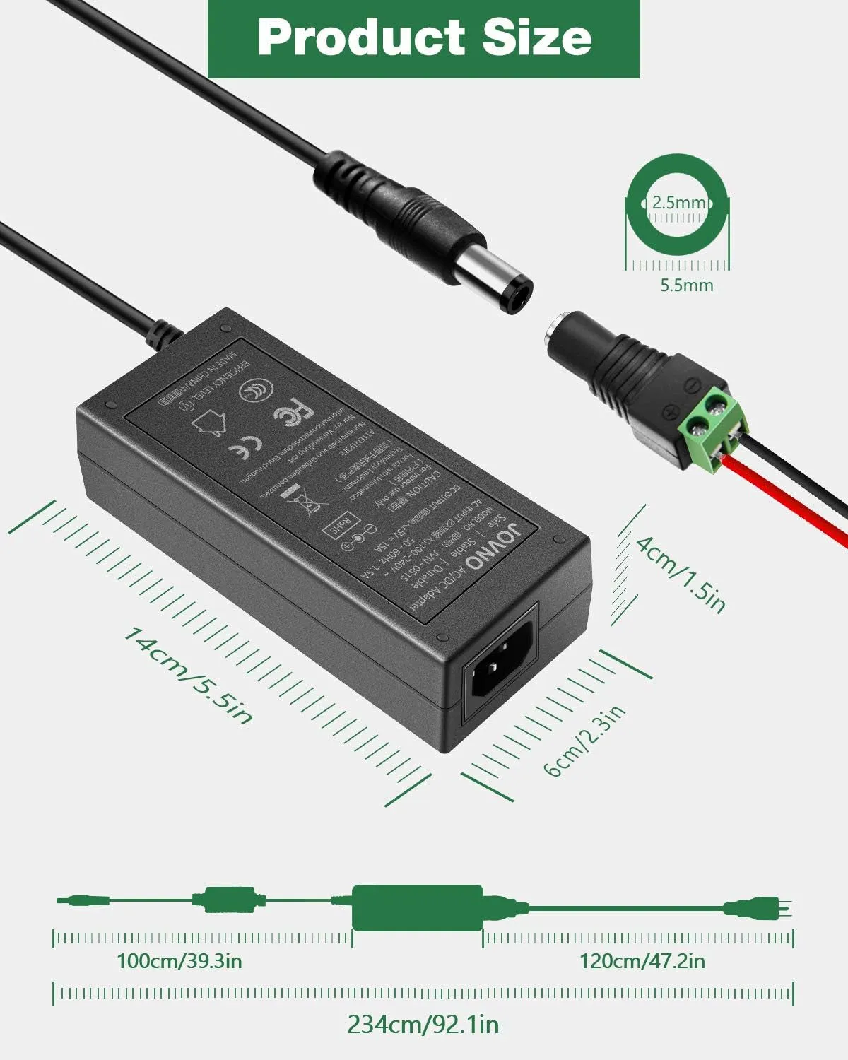 5V 15A Adapter, 100-240V AC to DC 5 Volt 15 Amp 75W Power Supply, 12A 10A 9A 8A Converter RGB Leds Driver 5.5X2.5Mm Tip 7.5Ft Cord for Christmas Lights WS2812B WS2811 WS2813 SK6812 LED Strips