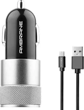 Ambrane ACC-74-M 2.4A Dual Port Car Charger for All Smartphones with Micro USB Cable (Black and Silver)