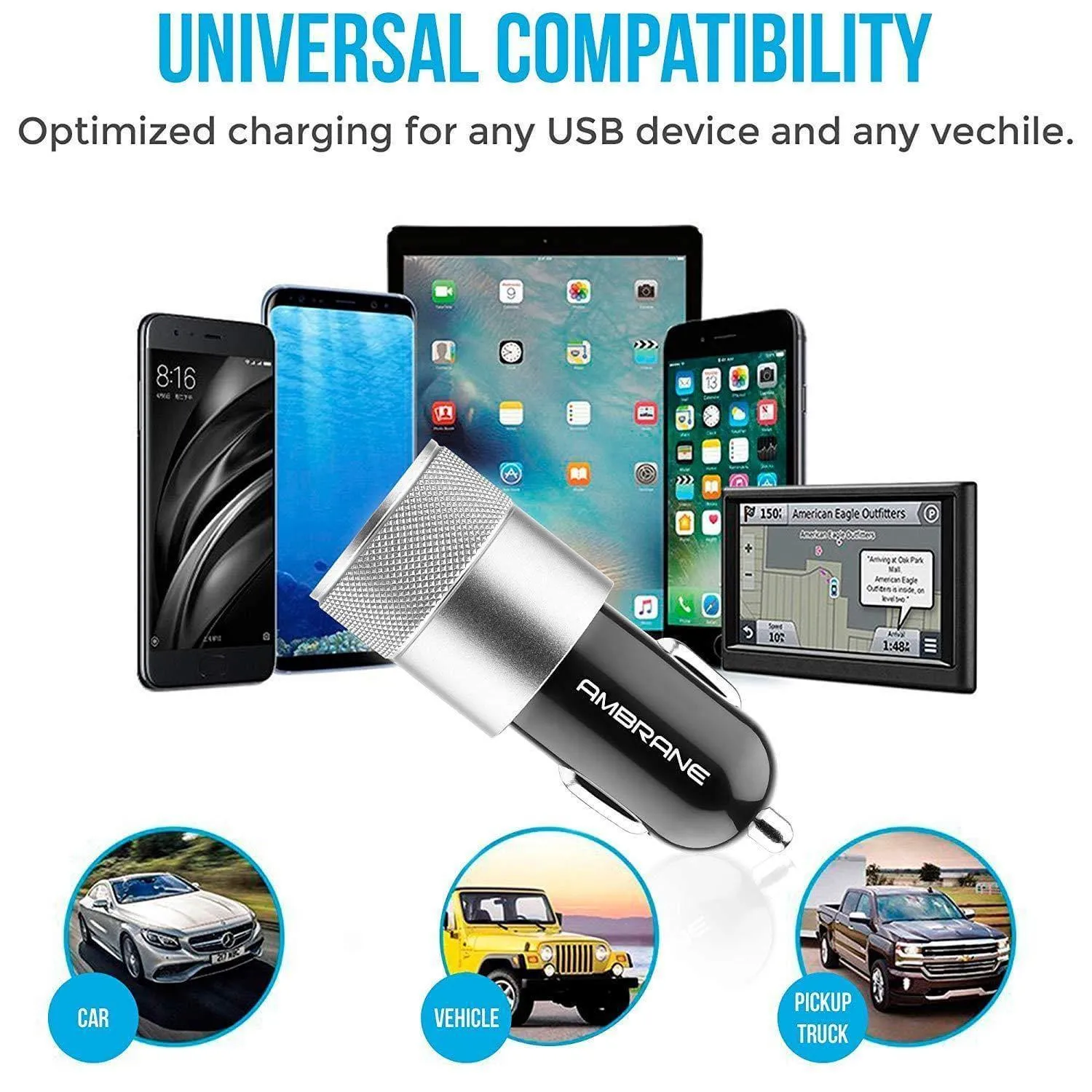 Ambrane ACC-74-M 2.4A Dual Port Car Charger for All Smartphones with Micro USB Cable (Black and Silver)