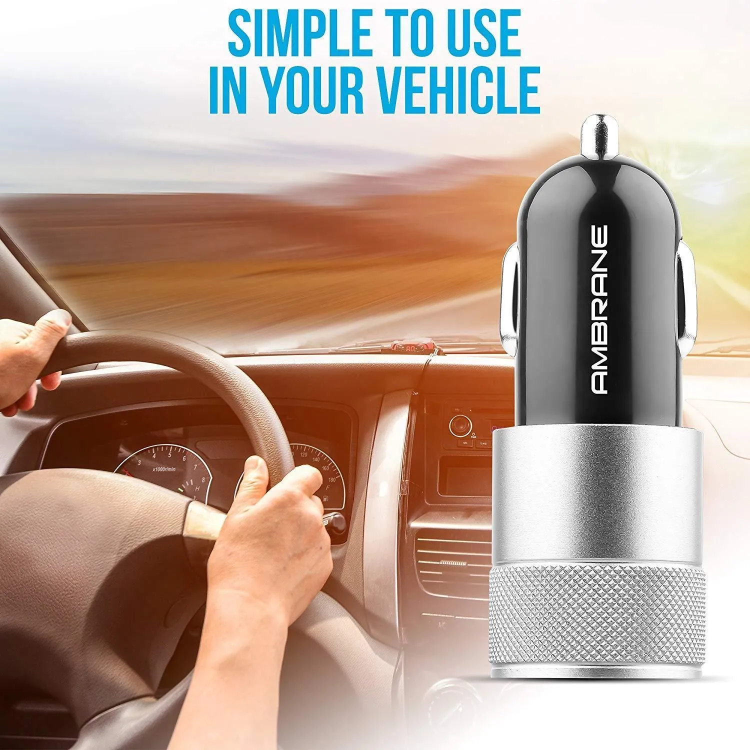 Ambrane ACC-74-M 2.4A Dual Port Car Charger for All Smartphones with Micro USB Cable (Black and Silver)