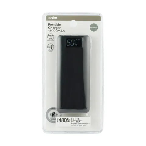 Anko Black Portable Charger Dual Port - 15,000mAh