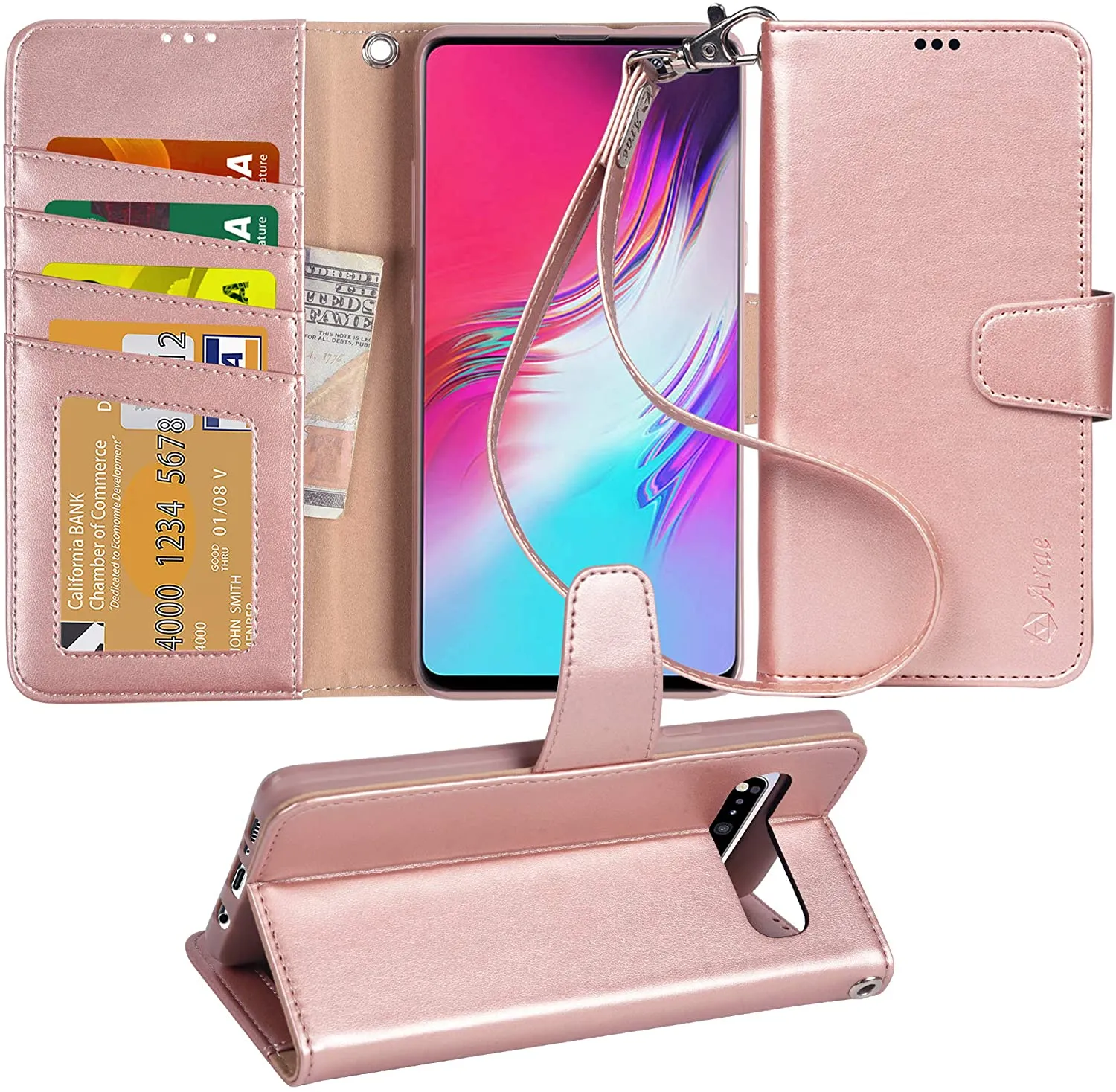 Arae Case Compatible for Samsung Galaxy S10, PU Leather Wallet case [Stand Feature] with Wrist Strap and [4-Slots] ID&Credit Cards Pockets