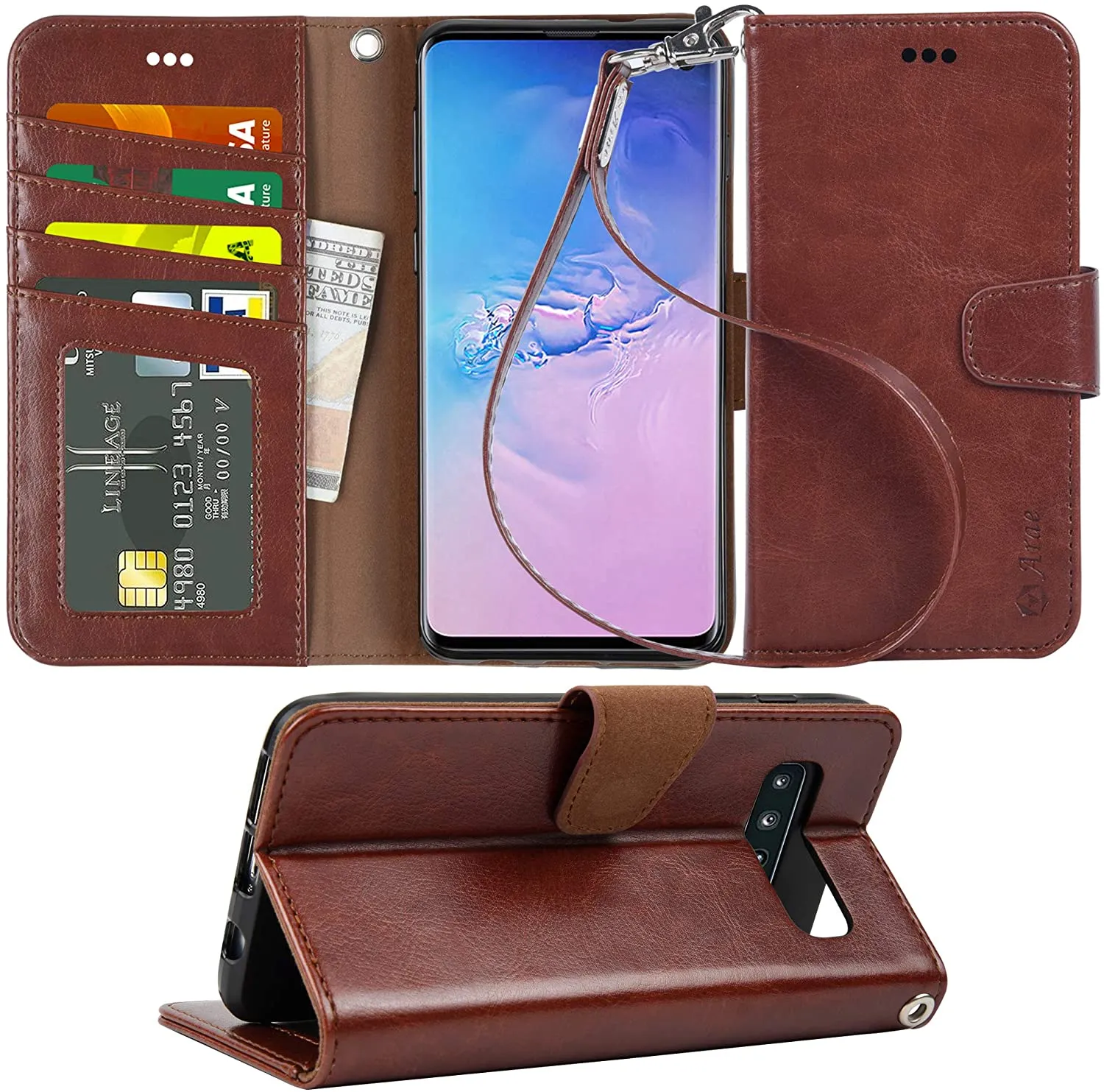 Arae Case Compatible for Samsung Galaxy S10, PU Leather Wallet case [Stand Feature] with Wrist Strap and [4-Slots] ID&Credit Cards Pockets