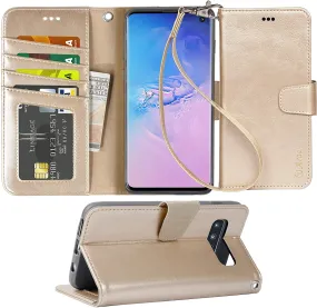 Arae Case Compatible for Samsung Galaxy S10, PU Leather Wallet case [Stand Feature] with Wrist Strap and [4-Slots] ID&Credit Cards Pockets