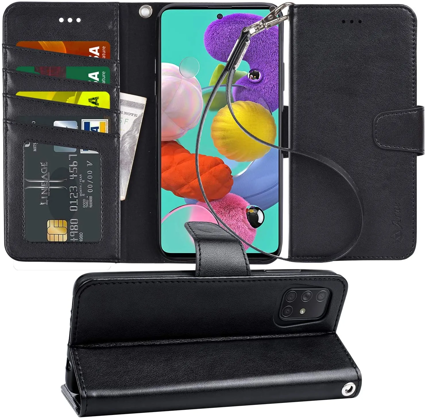 Arae Case for Samsung Galaxy A51 PU Leather Wallet Case Cover [Stand Feature] with Wrist Strap and [4-Slots] ID&Credit Cards Pocket for Samsung Galaxy A51 - Black