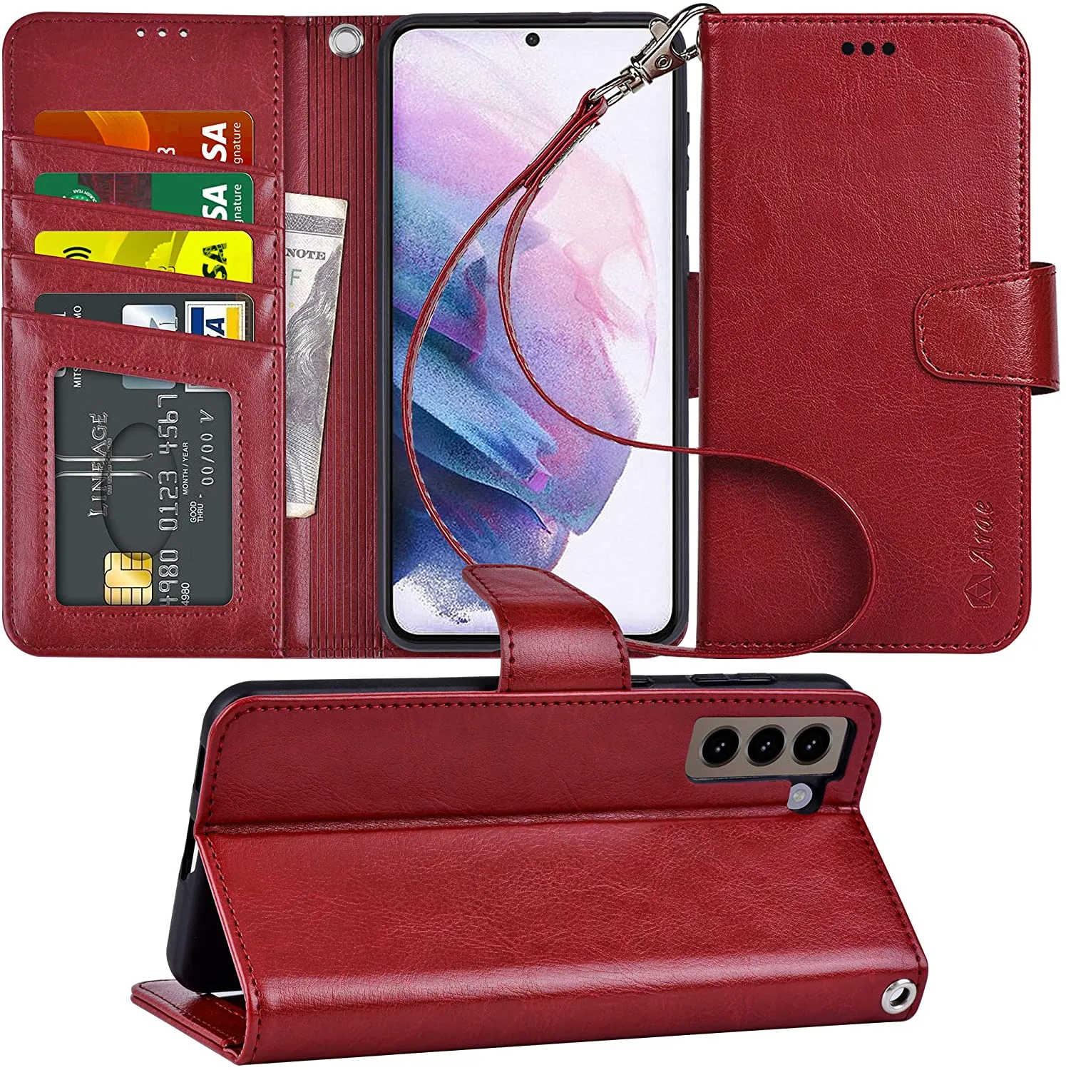 Arae Case for Samsung Galaxy S21 Plus Wallet Case Flip Cover with Card Holder and Wrist Strap for Samsung Galaxy S21 Plus / S21  6.7 inch