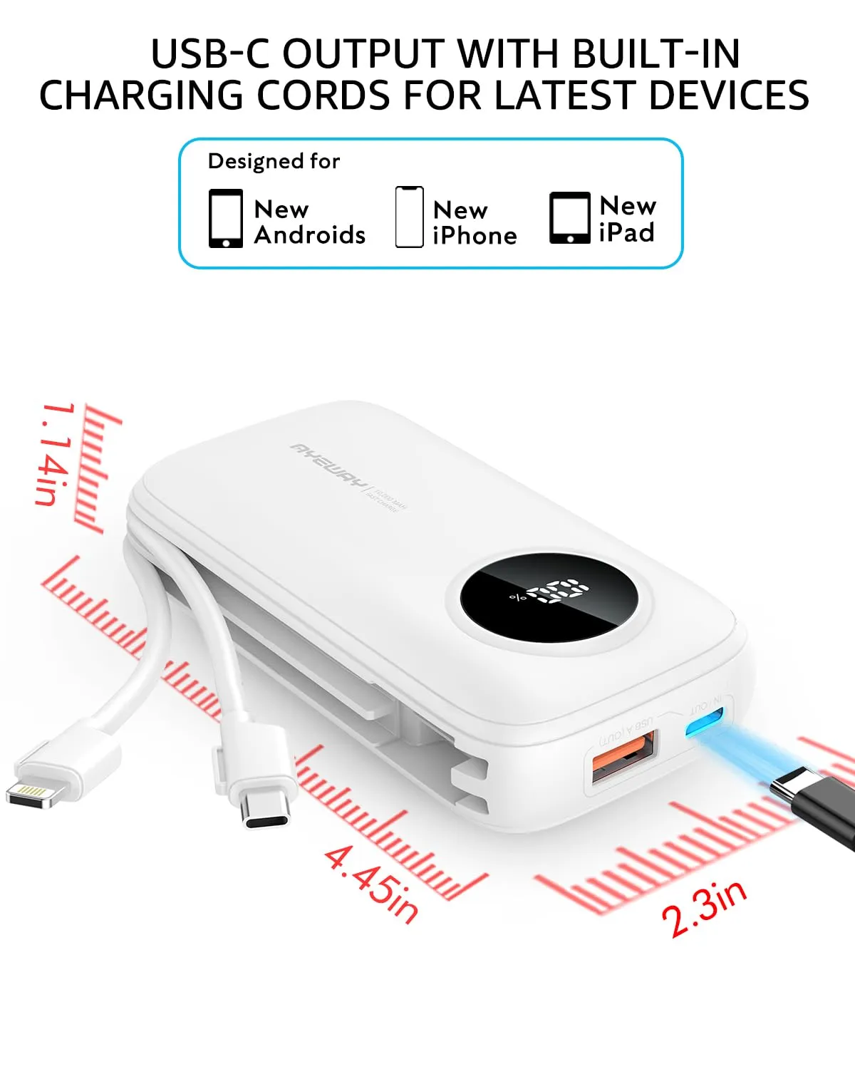 Ayeway Small Power Bank with Built-in Cable,10,000mAh USB C Fast Charge Battery Pack Portable Charger with 4 Output,Lightweight External Backup Battery Phone Charger for iPhone,Samsung,5V Heated Vest