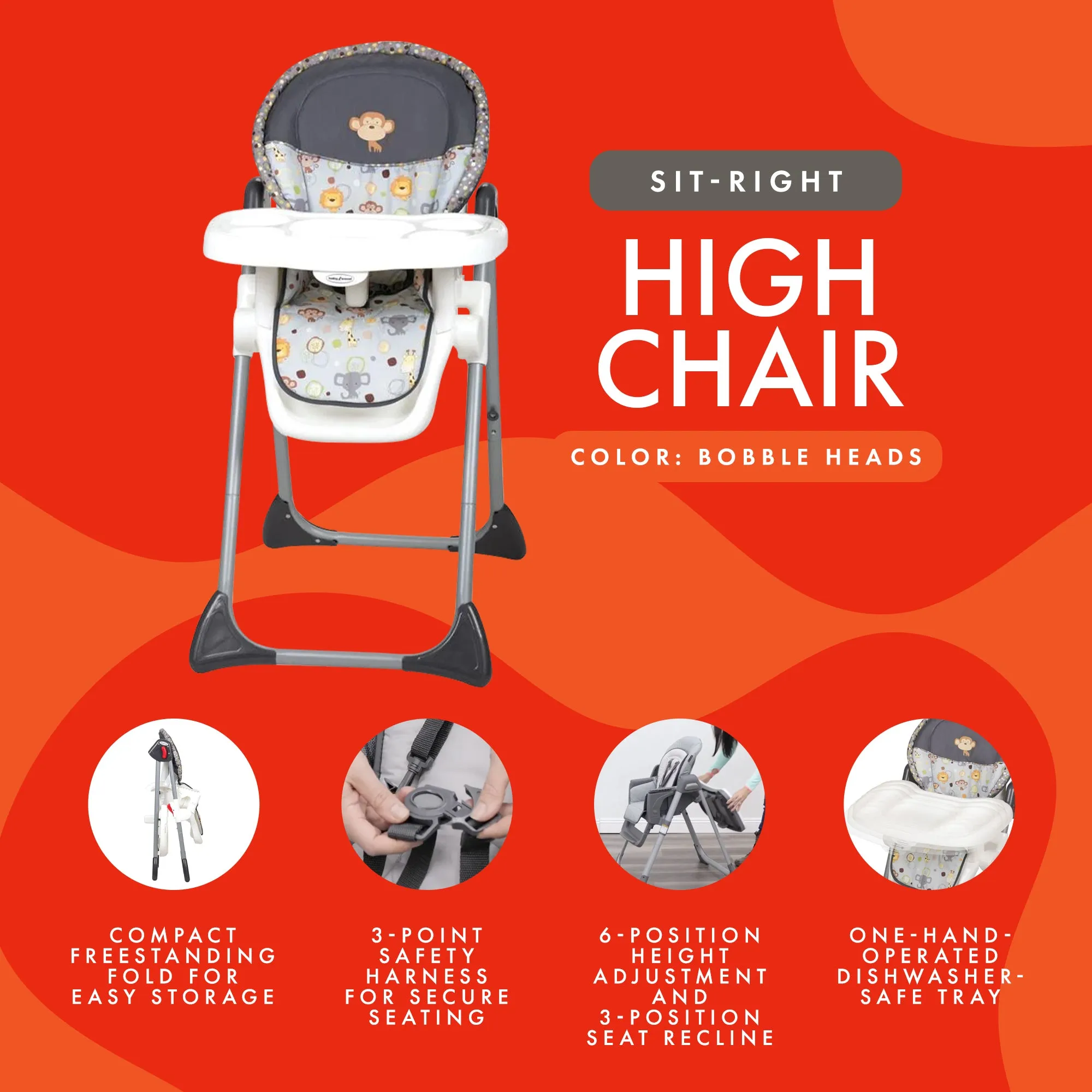 Baby Trend Sit-Right Compact Freestanding Foldable High Chair, Bobble Heads