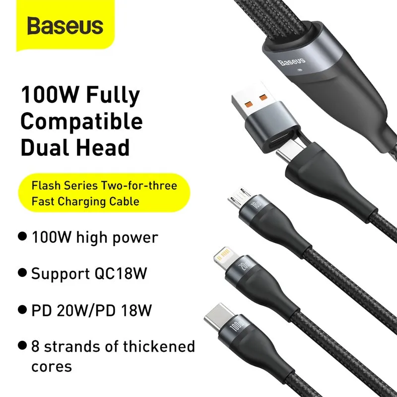 Baseus 3in1 USB / USB Type C - USB Type C / Lightning / Micro USB Cable (5 A - 100 W / 20 W / 18 W) 1.2 m Power Delivery Quick Charge (CA2T3-G1)