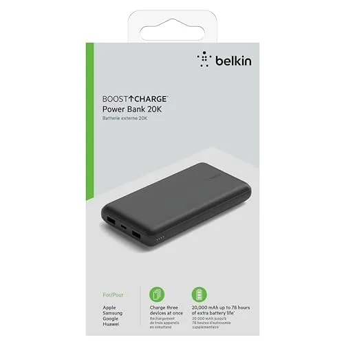 Belkin Power Bank, BoostCharge USB-C Portable Charger 20k w/ 1 USB-C Port and 2 USB-A Ports with USB-C to USB-A Cable for iPhone 16, 16 Pro, 16 Pro, 16 Pro Max, Samsung Galaxy S24, & More - Black