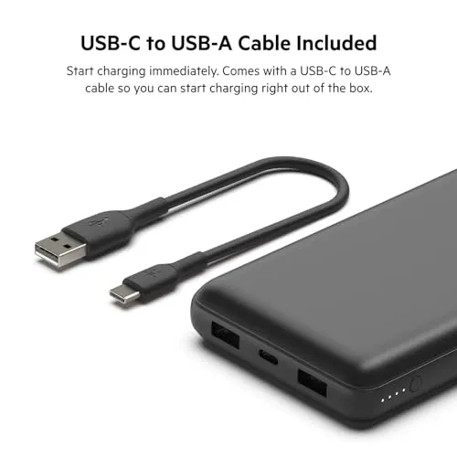 Belkin Power Bank, BoostCharge USB-C Portable Charger 20k w/ 1 USB-C Port and 2 USB-A Ports with USB-C to USB-A Cable for iPhone 16, 16 Pro, 16 Pro, 16 Pro Max, Samsung Galaxy S24, & More - Black