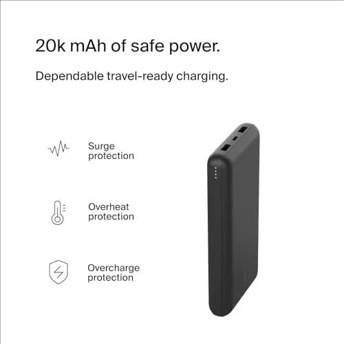 Belkin Power Bank, BoostCharge USB-C Portable Charger 20k w/ 1 USB-C Port and 2 USB-A Ports with USB-C to USB-A Cable for iPhone 16, 16 Pro, 16 Pro, 16 Pro Max, Samsung Galaxy S24, & More - Black