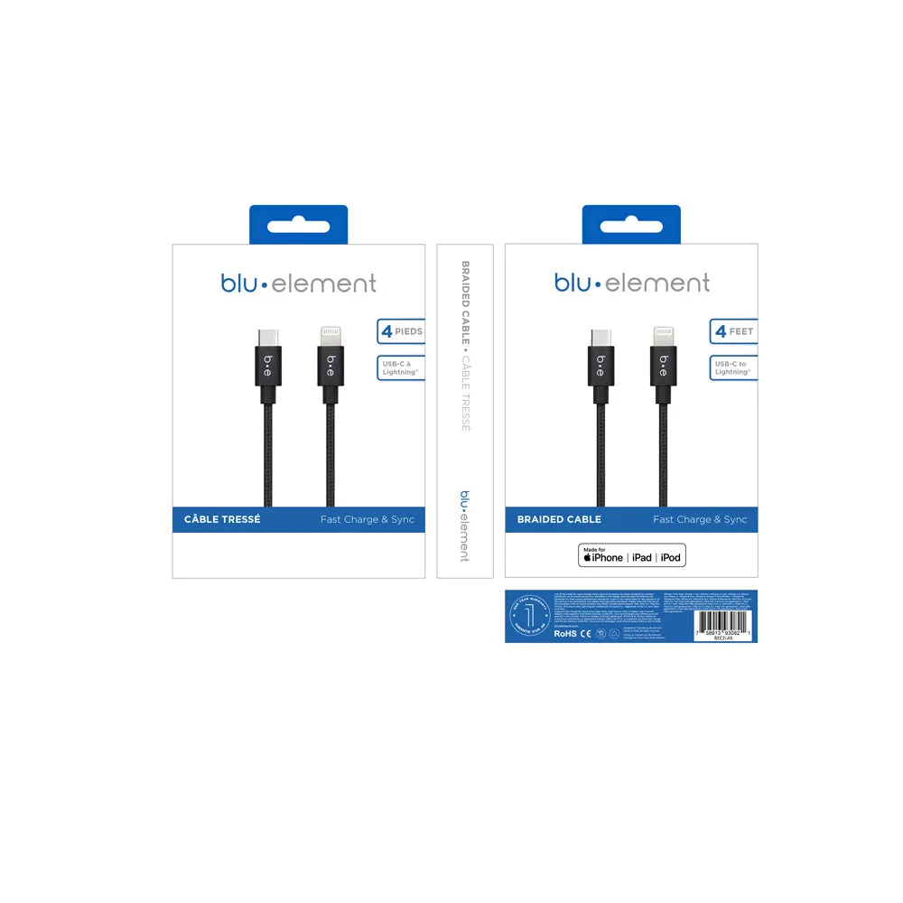 Blu Element Braided Charge/Sync USB-C to Lightning Cable 4ft Black