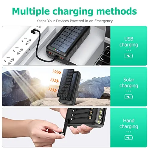 boogostore Solar Charger Power Bank 63200mAh, Portable Charger with Dual Outputs & Dual Inputs 4 LEDs Flashlight, Hand Crank Power Bank Fast Charging Battery Pack for Outdoor Camping Survival Gear