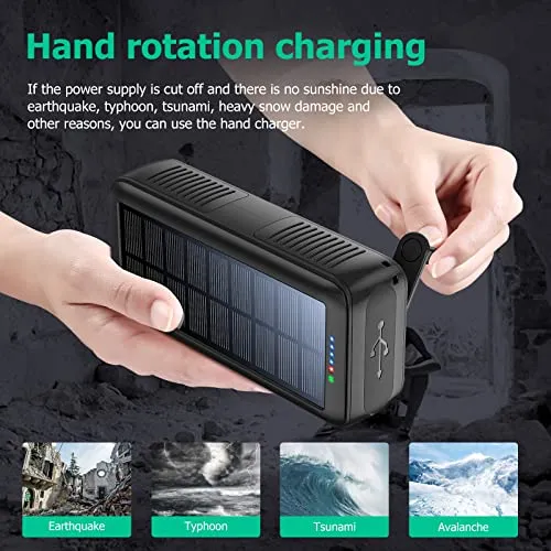 boogostore Solar Charger Power Bank 63200mAh, Portable Charger with Dual Outputs & Dual Inputs 4 LEDs Flashlight, Hand Crank Power Bank Fast Charging Battery Pack for Outdoor Camping Survival Gear