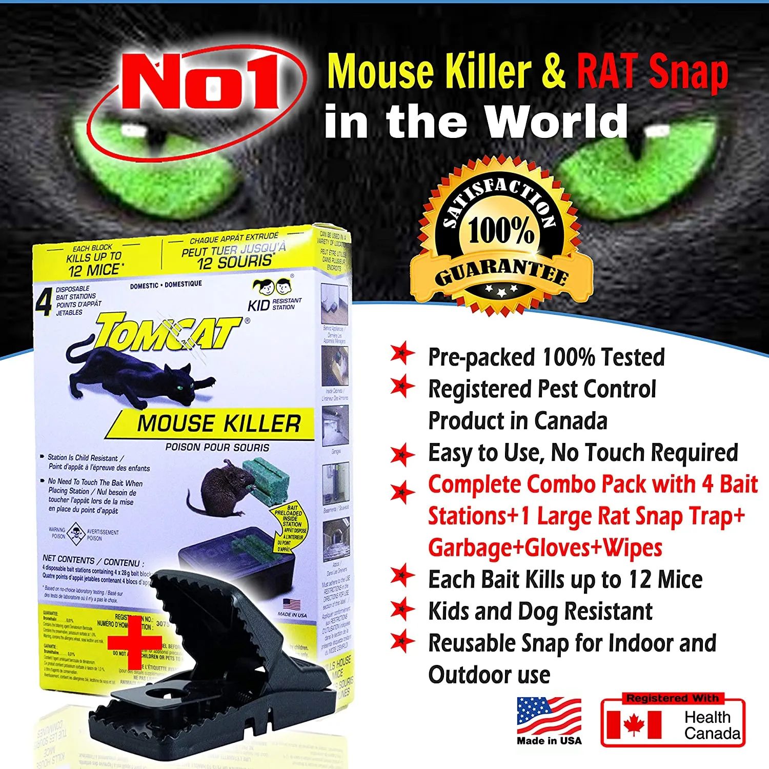 Certified Mouse Rodent Rat Poison Trap Killer-Child and Dog Resistant-Disposable 4 Pack Bait Chunks Stations with Large Heavy-Duty Reusable Rat Snap Trap Complete Pack for Rodent Free Home