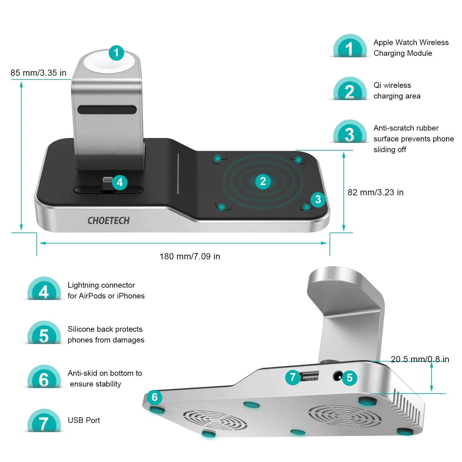 Choetech 4 in 1 MFI Wireless Charging Dock - Silver