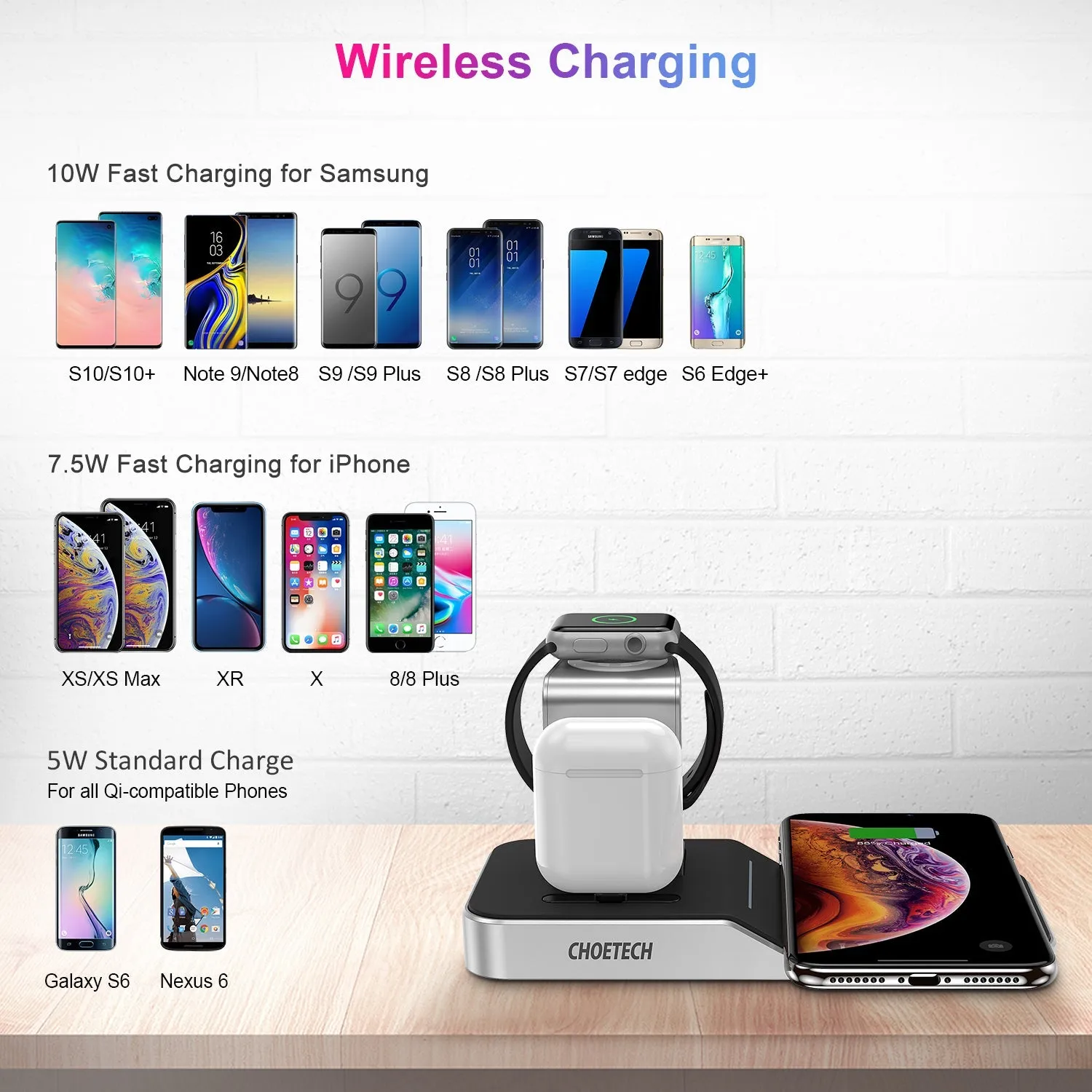 Choetech 4 in 1 MFI Wireless Charging Dock - Silver