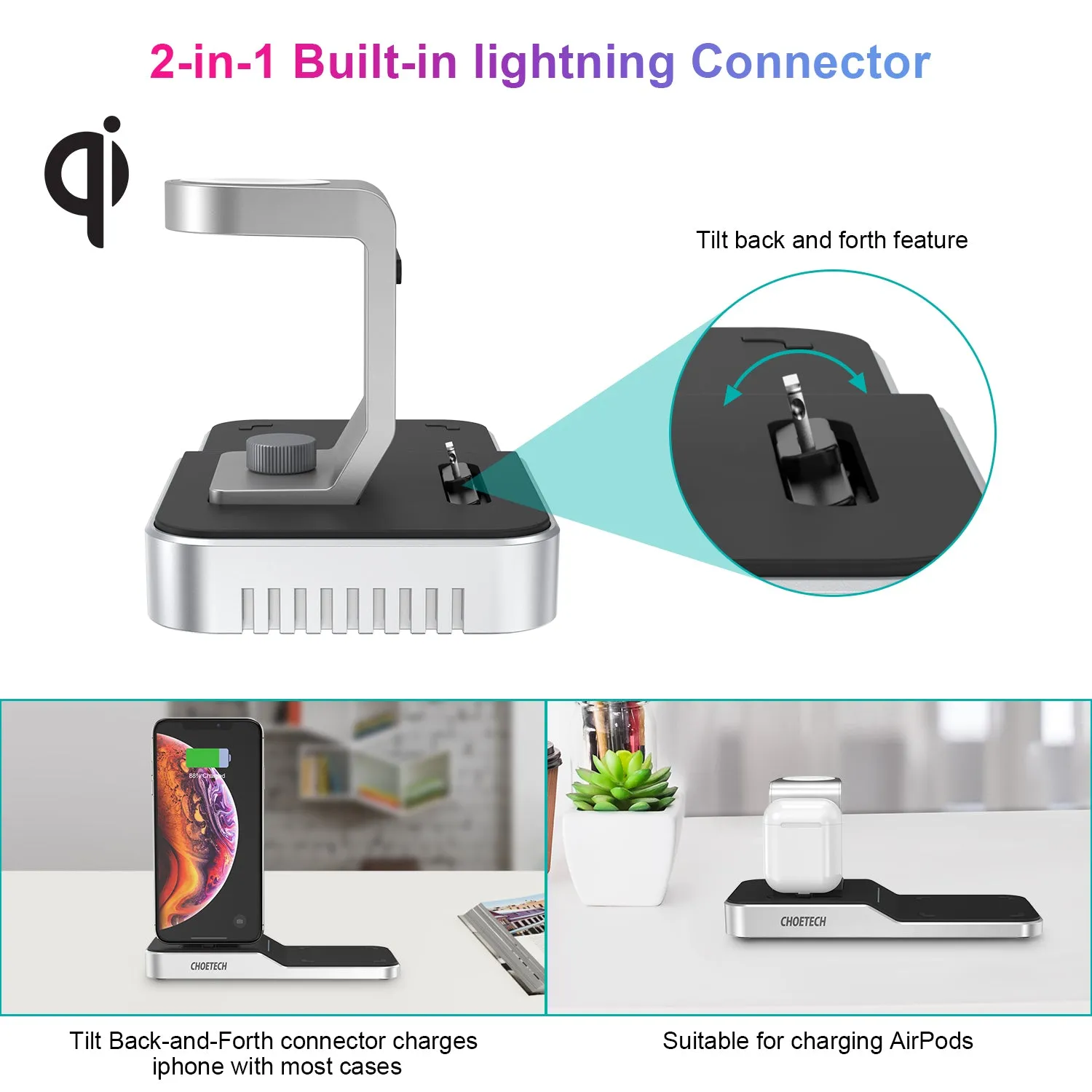 Choetech 4 in 1 MFI Wireless Charging Dock - Silver