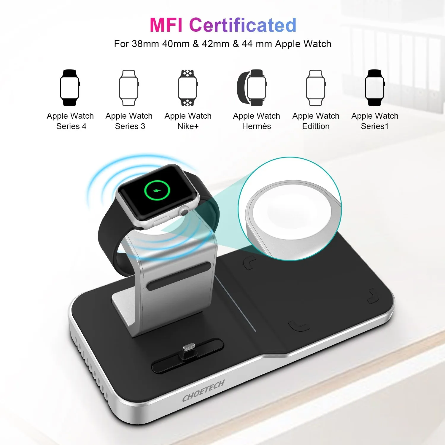 Choetech 4 in 1 MFI Wireless Charging Dock - Silver