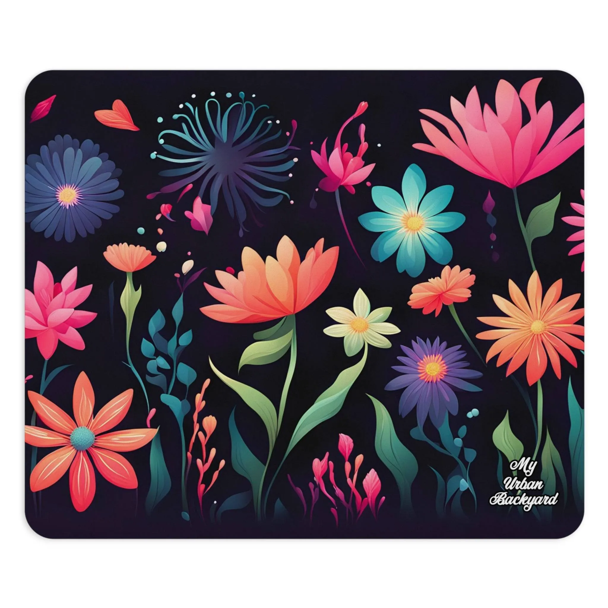 Colorful Flowers on Black, Computer Mouse Pad - for Home or Office