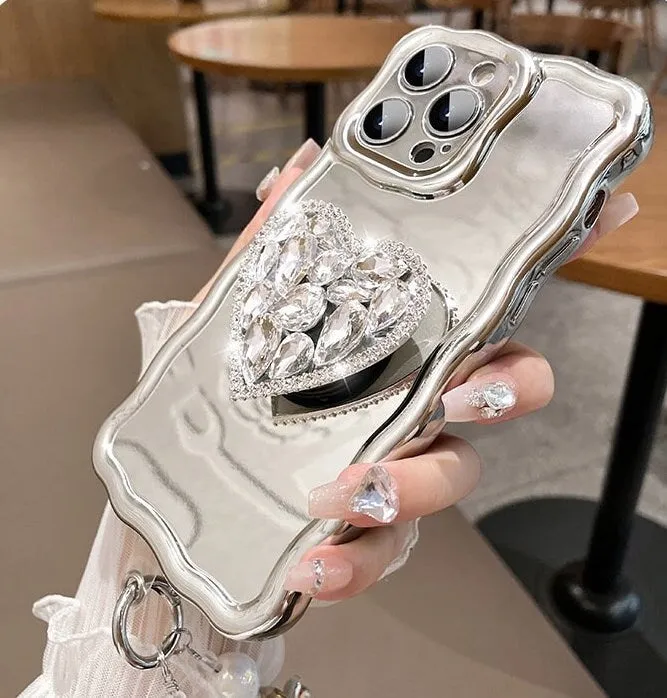 Cute Bling Electroplated   Rhinestone Gem Heart Stand   Chain Strap Protective Shockproof Phone Case iPhone X XS XR 11 12 13 14 Pro Max