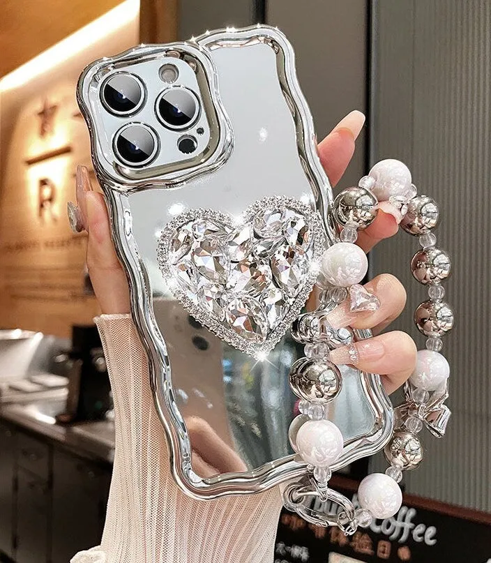 Cute Bling Electroplated   Rhinestone Gem Heart Stand   Chain Strap Protective Shockproof Phone Case iPhone X XS XR 11 12 13 14 Pro Max