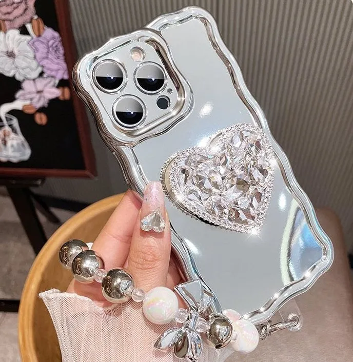 Cute Bling Electroplated   Rhinestone Gem Heart Stand   Chain Strap Protective Shockproof Phone Case iPhone X XS XR 11 12 13 14 Pro Max