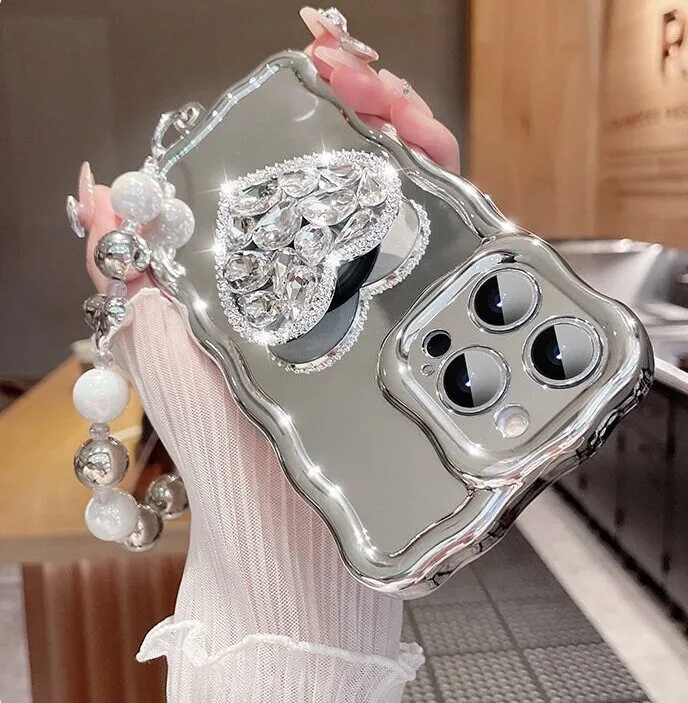 Cute Bling Electroplated   Rhinestone Gem Heart Stand   Chain Strap Protective Shockproof Phone Case iPhone X XS XR 11 12 13 14 Pro Max