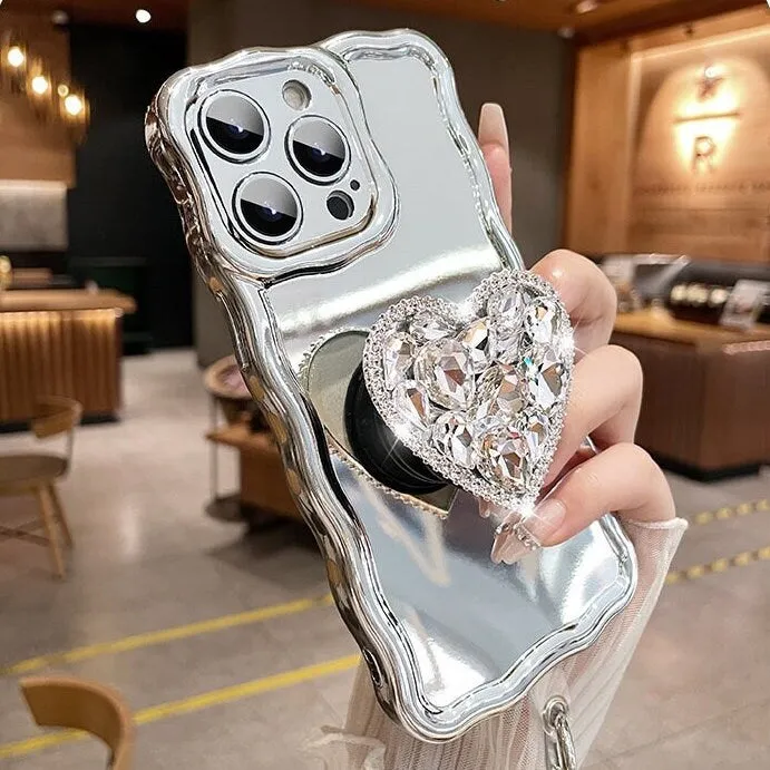 Cute Bling Electroplated   Rhinestone Gem Heart Stand   Chain Strap Protective Shockproof Phone Case iPhone X XS XR 11 12 13 14 Pro Max